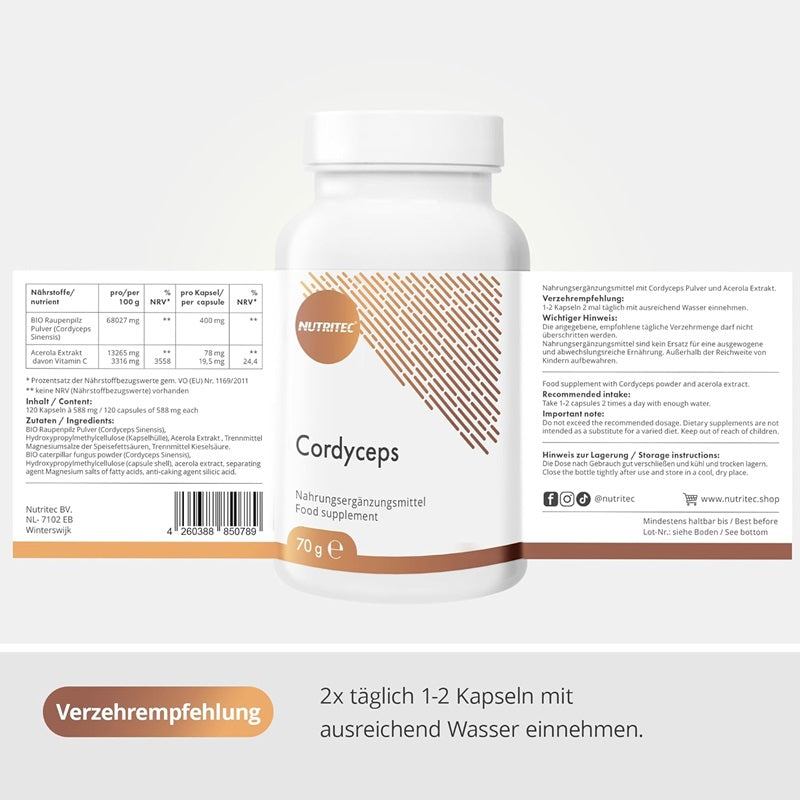 Vitalpilz Cordyceps sinesis, Raupenpilz Kapseln mit Acerola Extrakt